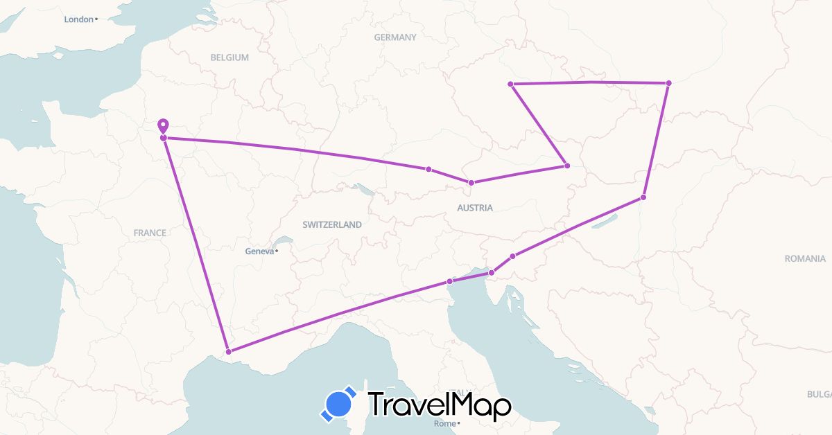 TravelMap itinerary: driving, train in Austria, Czech Republic, Germany, France, Hungary, Italy, Poland, Slovenia (Europe)