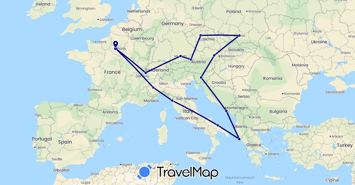 TravelMap itinerary: driving in Austria, Switzerland, Czech Republic, Germany, France, Greece, Croatia, Italy, Poland, Slovenia (Europe)